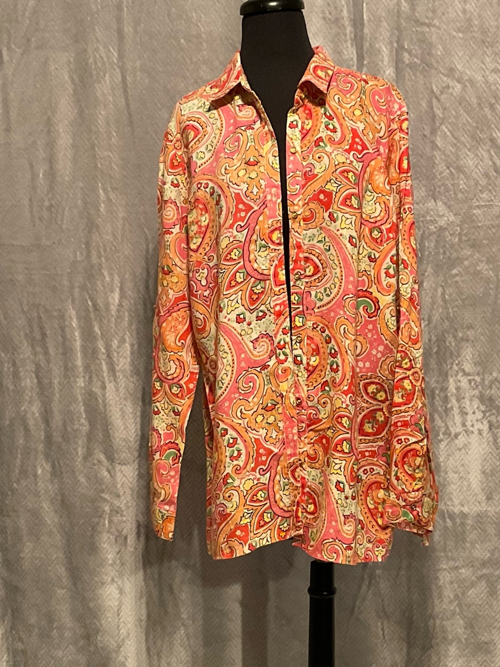 Paisley Button-Front Blouse in Pink and Orange